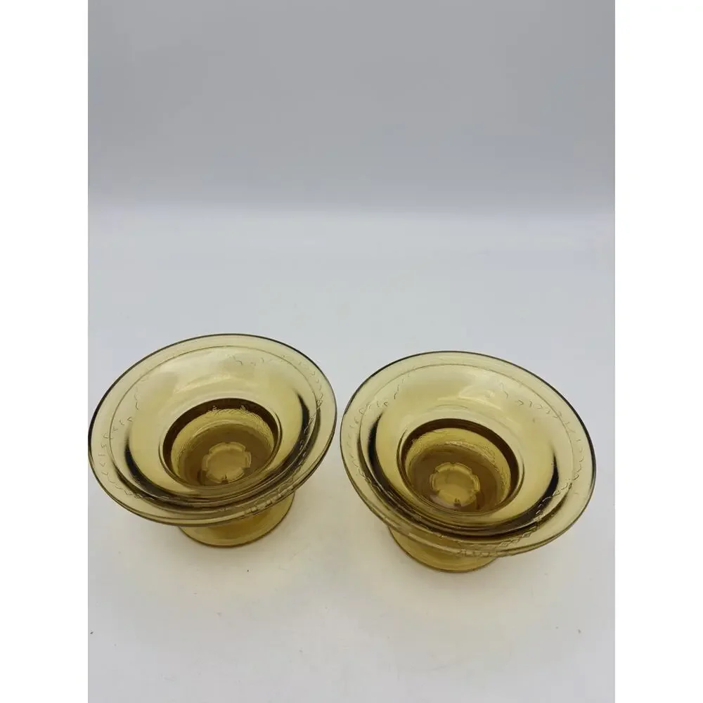 Federal Madrid Amber Depression Glass Votive Candle Holders Set Of 2 Vintage